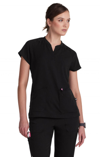 A black top featuring a short sleeve design and a stylish neckline, with a logo on the side.