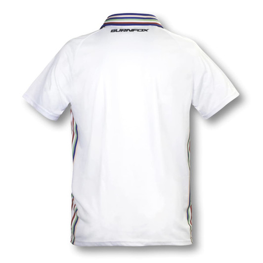 A white men's tennis top featuring a collar and colourful side stripes, with a logo on the back.