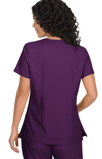 A purple top featuring short sleeves and a relaxed fit, with a back view of the design. The garment has a logo.