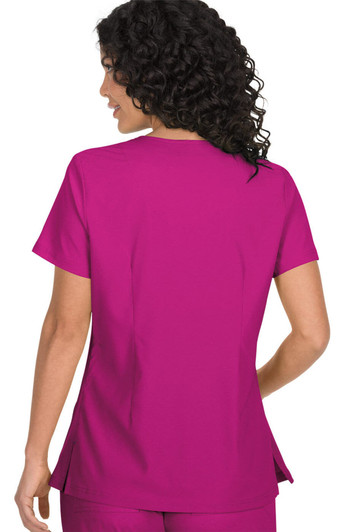A top in a vibrant pink colour with short sleeves and a relaxed fit, featuring a logo.