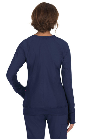 A navy blue jacket with a fitted design, featuring long sleeves and a round neckline, shown from the back.