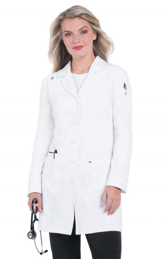 A fitted white lab coat with button closure and side pockets, modelled by a woman with long hair.