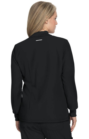 A black jacket featuring a high collar and long sleeves, showcasing a minimalist design with a logo on the back.