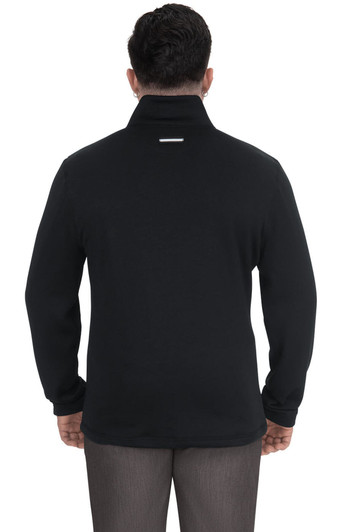 A black jacket with a high collar, displayed from the back, featuring a logo on the back.