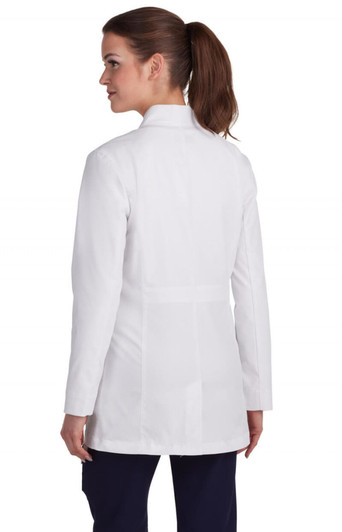 A woman is wearing a white lab coat, shown from the back, featuring a collar and tailored fit.