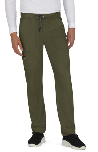 An olive green pair of pants with cargo pockets and an adjustable waistband, worn by a person in a white long-sleeve top.