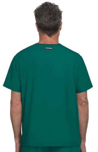 A green top featuring a simple design, viewed from the back. The product has a branding logo.