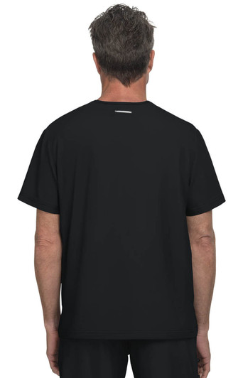 A black T-shirt featuring a simple design, shown from the back. The shirt has a logo at the neckline.