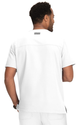 A man wearing a white short-sleeve shirt, viewed from the back, displaying a simple design and branding.