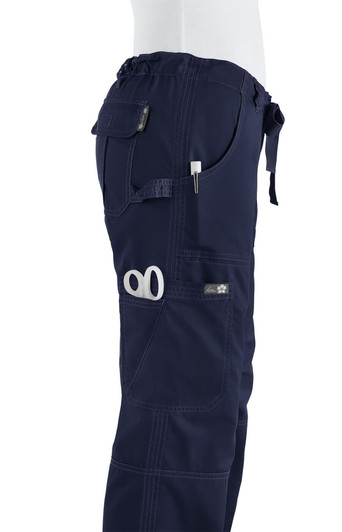 Navy pants with a side pocket and adjustable waistband, featuring a logo.