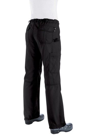Black pants with an elastic waistband and multiple pockets, designed with a relaxed fit and sturdy fabric.