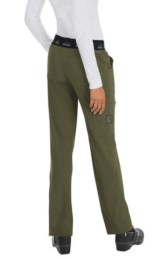 Olive green pants with a black waistband and a logo, featuring a pocket and a back view of the design.