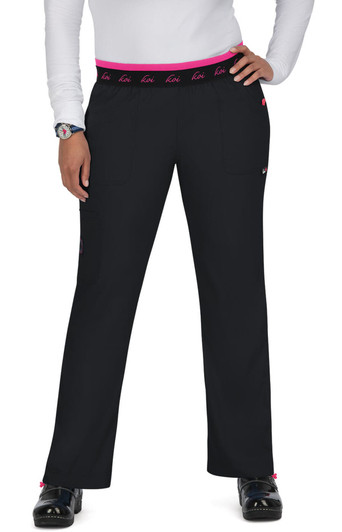 Black pants with a pink waistband, featuring pockets and a logo on the waistband.