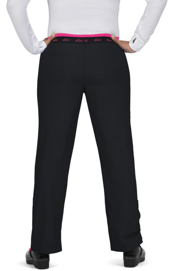 A pair of black pants with a pink waistband, viewed from the back, featuring a logo.