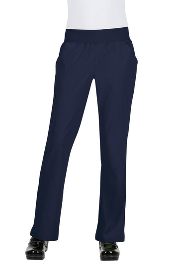 A pair of navy pants featuring a stretchy waist and side pockets, displayed on a plain white mannequin.