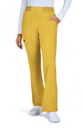 A pair of yellow pants with a straight leg style and pockets, displayed on a model.