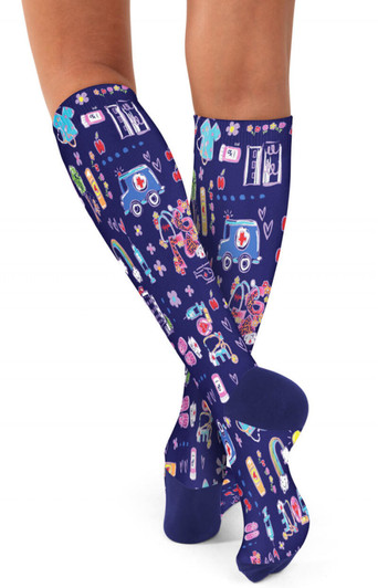 A pair of navy compression socks featuring a vibrant, multi-coloured pattern and a logo.