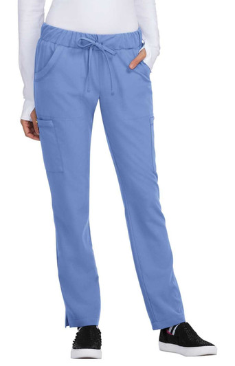 Blue pants with a drawstring waist and side pockets, designed for comfort and practicality. Features a small logo.