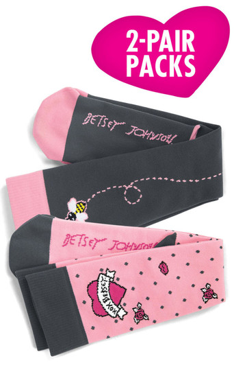 A pair of grey and pink compression socks featuring playful designs and patterns, packaged in a 2-pack.