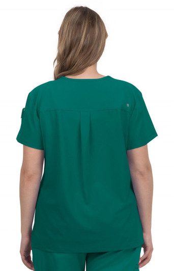 A back view of a woman wearing a teal medical scrub top, featuring a pleated design and short sleeves.