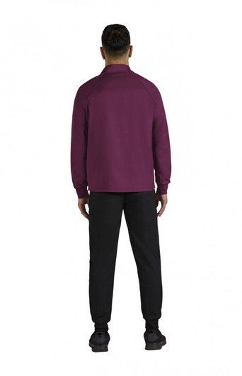 A maroon jacket with long sleeves, worn by a person facing away, paired with black trousers. Features a logo on the jacket.