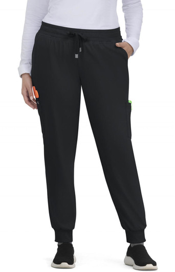 Black jogger pants with pockets and a drawstring waist, featuring bright orange and green accents.