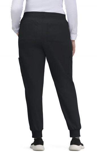 A pair of black jogger pants with elastic cuffs, featuring pockets and a relaxed fit. Brand logo visible.