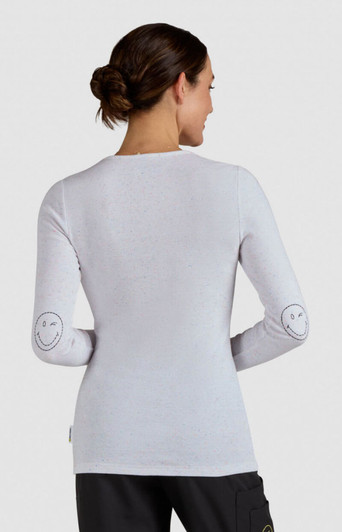 A long-sleeved, light grey top featuring smiley face designs on the elbows. The back view highlights its fitted style.