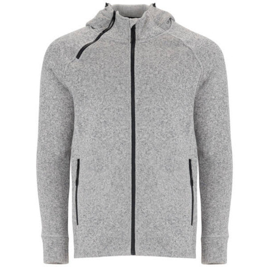 A grey sweat jacket with a hood, featuring a zip front and two side pockets. It has a logo on the chest.