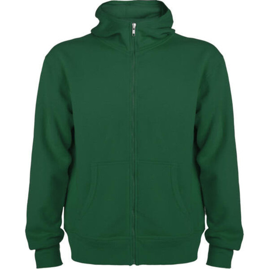 A green hooded sweatshirt with a zip-up front and pockets, featuring a logo on the chest.