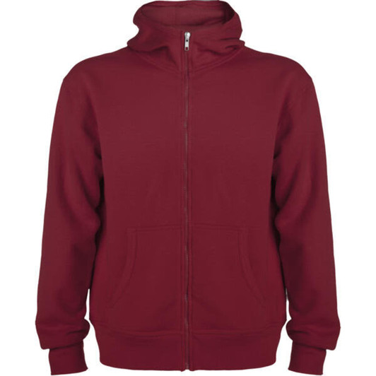 A burgundy hooded sweatshirt with a zip front and pockets. It features a logo on the front.