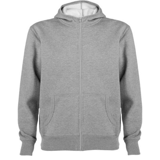 A grey hooded sweatshirt featuring a front zip and two pockets, with a branded logo on it.