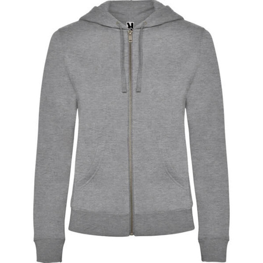 A grey hooded sweatshirt with a zip front and a logo on the label.
