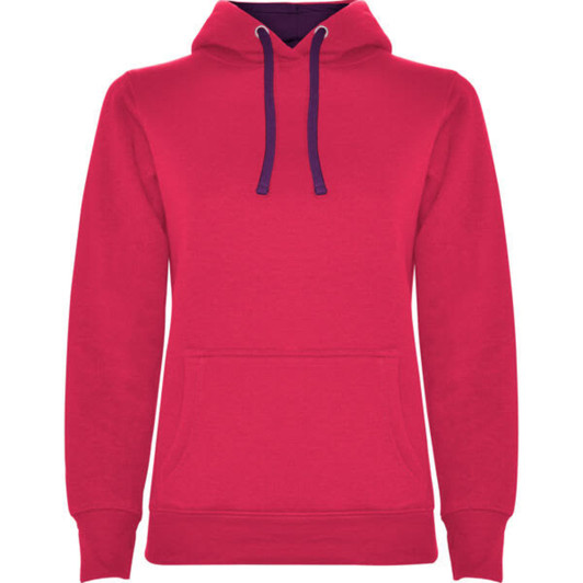A red hooded sweatshirt with a front pocket and purple drawstrings. It features a logo on the front.