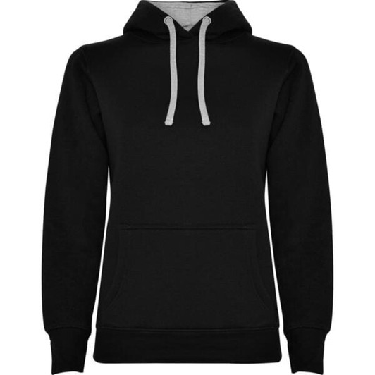A black hooded sweatshirt with grey drawstrings and a front pocket. It features a logo on the design.