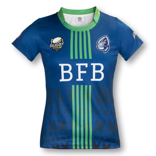 A blue women's rugby t-shirt featuring green stripes and a logo. Designed for sports uniforms.