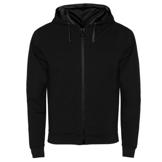 A black hooded sweatshirt with a front zip and a hood, featuring a logo.