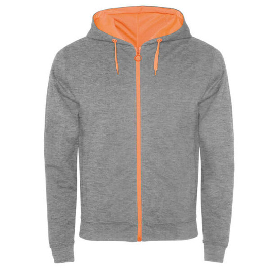 A grey hooded sweatshirt with an orange zip and inner lining, featuring a logo on the front.