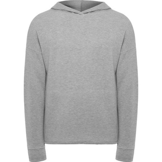 A grey hoodie with a front pocket and a drawstring hood, featuring a logo on the front.