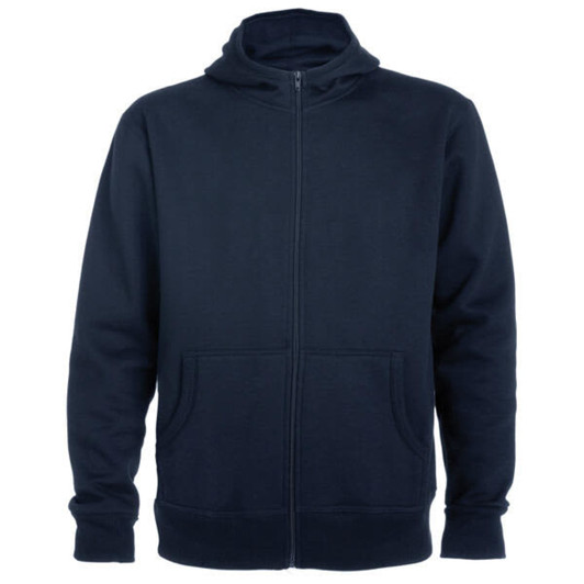 A navy hooded sweatshirt with a zip front and two front pockets, featuring a small logo on the chest.