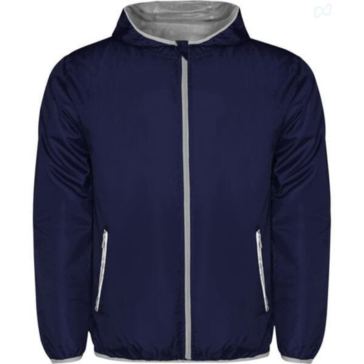 A navy blue windbreaker jacket featuring a grey lining and side pockets, with a hood and a logo.