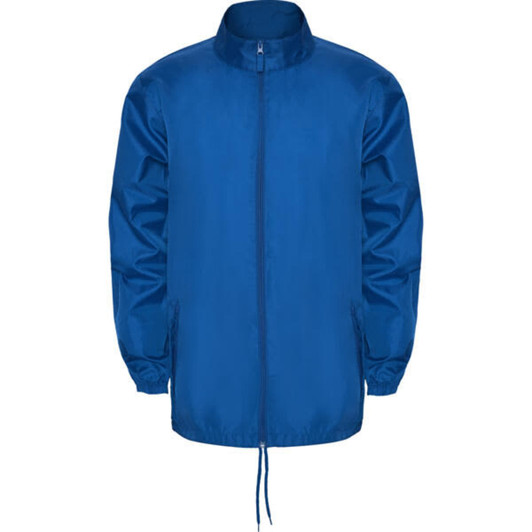 A blue waterproof jacket with a zip front and elastic cuffs. It features a collar and a drawstring at the hem.