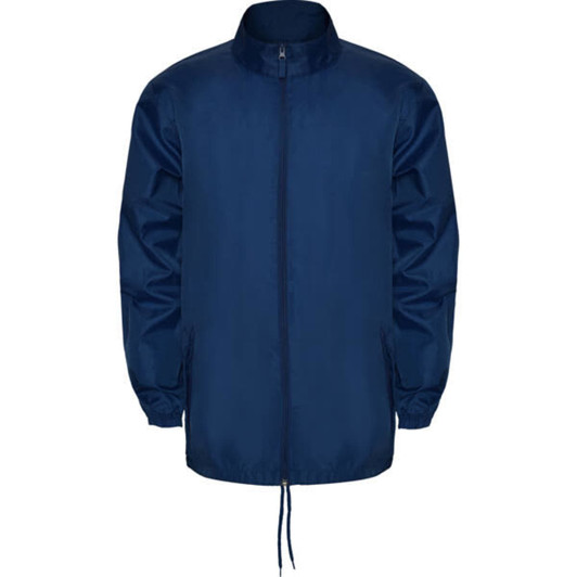A navy waterproof jacket with a front zip, adjustable drawstring, and long sleeves. It features a logo on the chest.