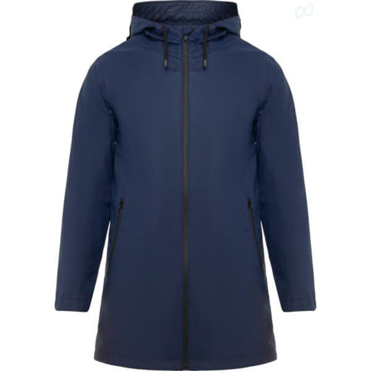 A navy waterproof raincoat featuring a hood, zippered front, and side pockets. It has a brand logo on it.