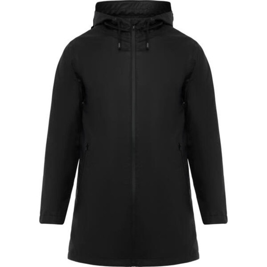 A black waterproof raincoat with a hood, featuring a zip front and side pockets. It has a simple design and branding.