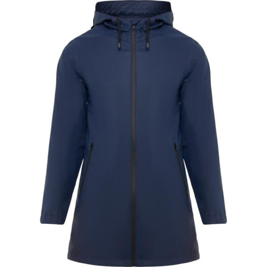 A waterproof raincoat in navy blue, featuring a hood and zippered pockets, with a logo on the design.