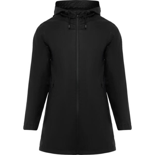 A black waterproof raincoat for women with a hood and adjustable drawstrings. It features a logo on the front.