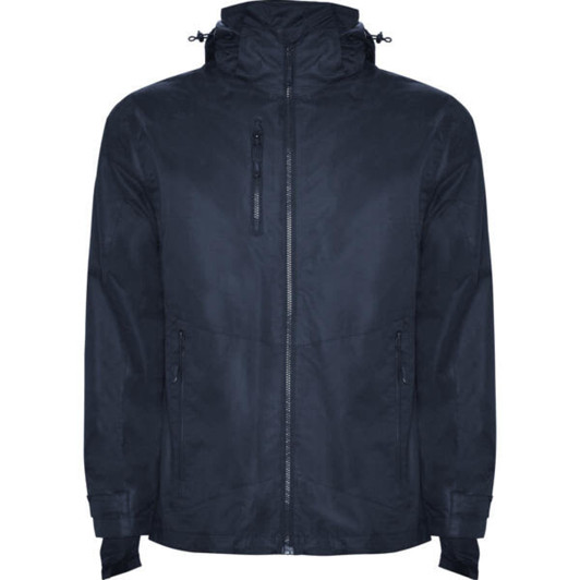 A navy blue parka jacket featuring a zip front, adjustable hood, and pockets, with a branded logo on it.
