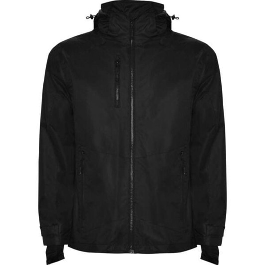A black parka jacket with a hood, featuring zippered pockets and an adjustable collar, alongside a branding logo.