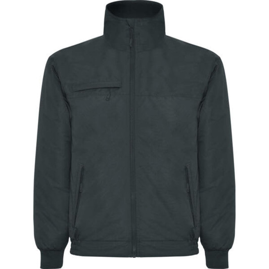 A Yukon waterproof jacket in dark grey with a zippered front, high collar, and side pockets.